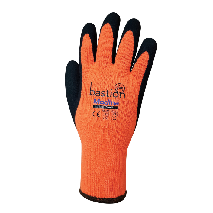 MODINA™ Cut 3 Orange Acrylic Thermal Gloves - Black Sandy Latex Coating sold 12pac